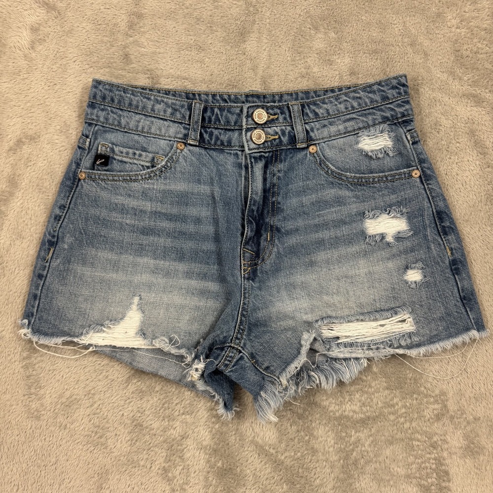 KanCan Women's Cut-Off Shorts Size 26 High Rise Raw Hem Blue Denim Pockets Faded